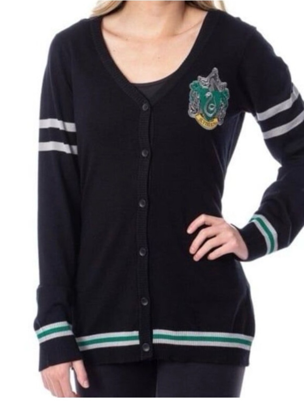 Warner Bro Harry Potter Slytherin Black Women's V neck Cardigan Sweater
